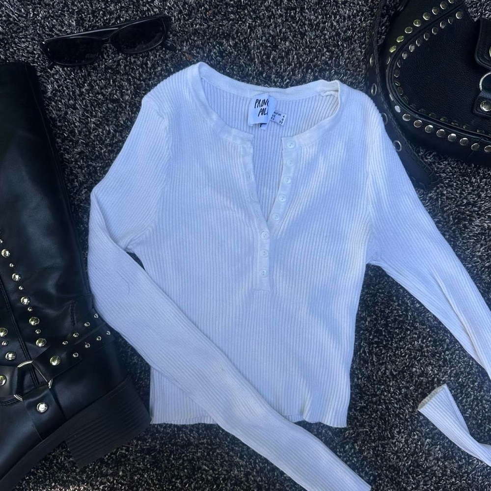 Princess Polly Black and White Fitted Ribbed Polo Blouse